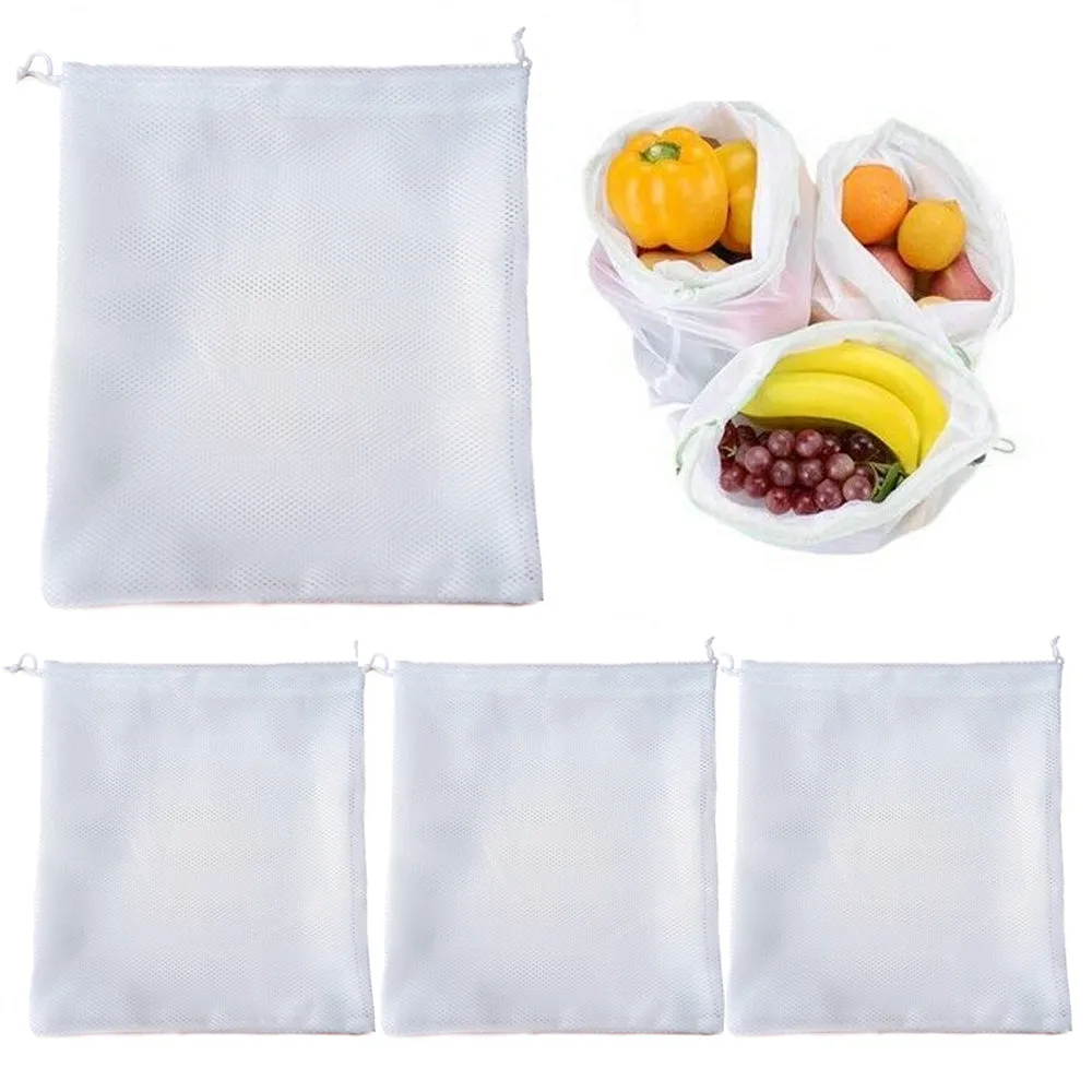 4 Reusable Produce Bag Drawstring Mesh Net Fruit Vegetable Grocery Food Storage