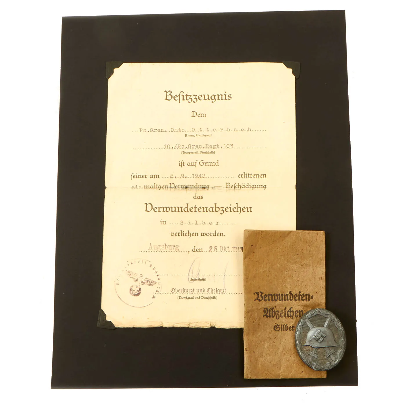 Original German WWII Set of 3 Awards with Documents named to Otto Otterbach of Panzergrenadier Regt. 103