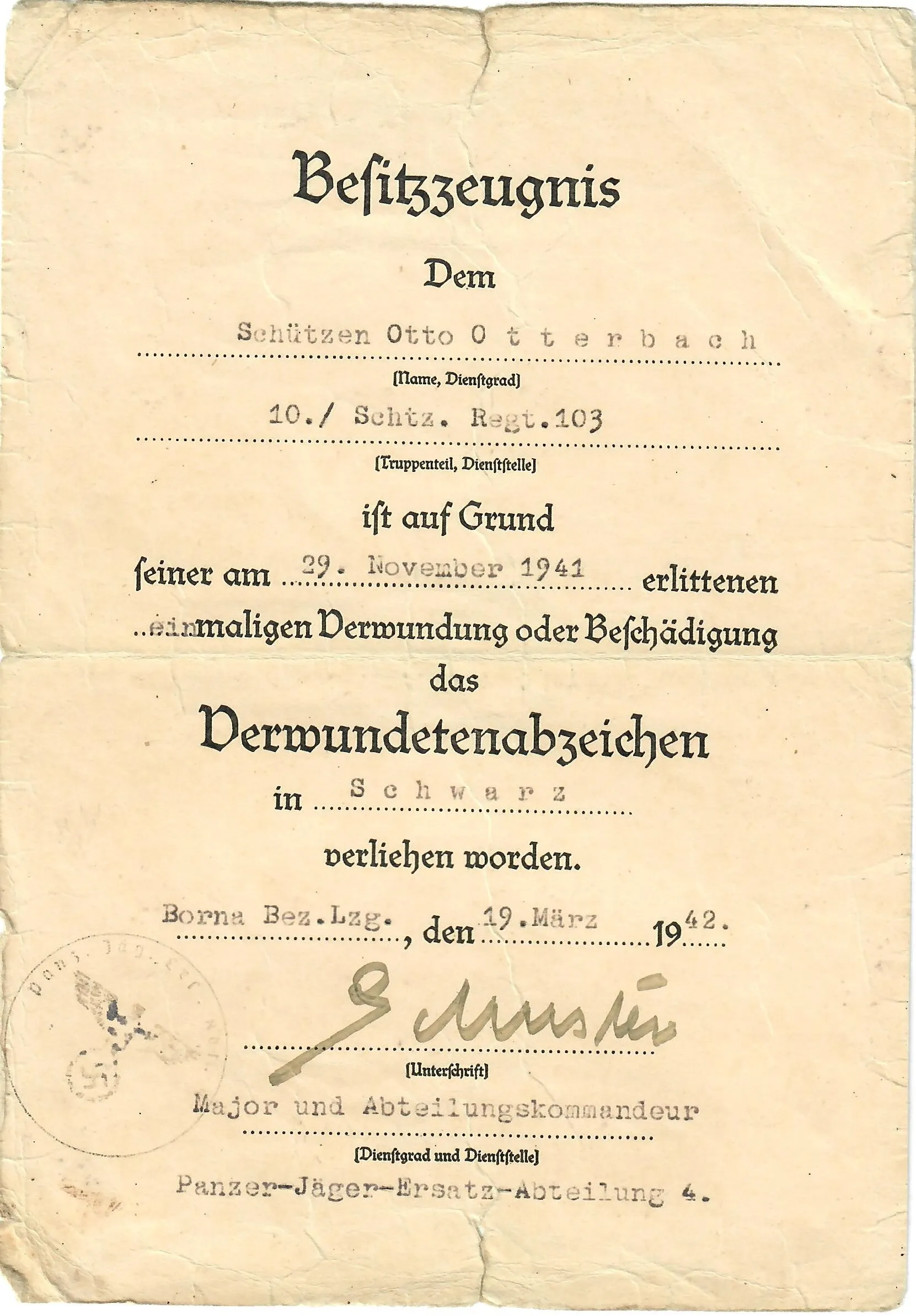 Original German WWII Set of 3 Awards with Documents named to Otto Otterbach of Panzergrenadier Regt. 103
