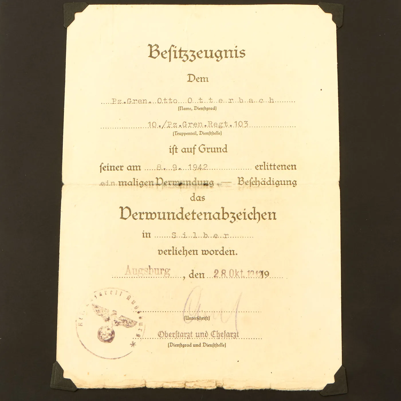 Original German WWII Set of 3 Awards with Documents named to Otto Otterbach of Panzergrenadier Regt. 103