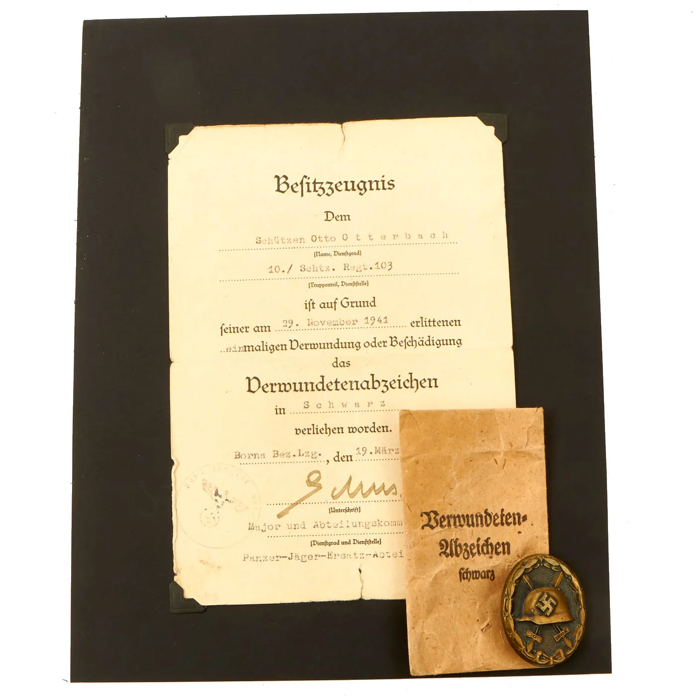 Original German WWII Set of 3 Awards with Documents named to Otto Otterbach of Panzergrenadier Regt. 103