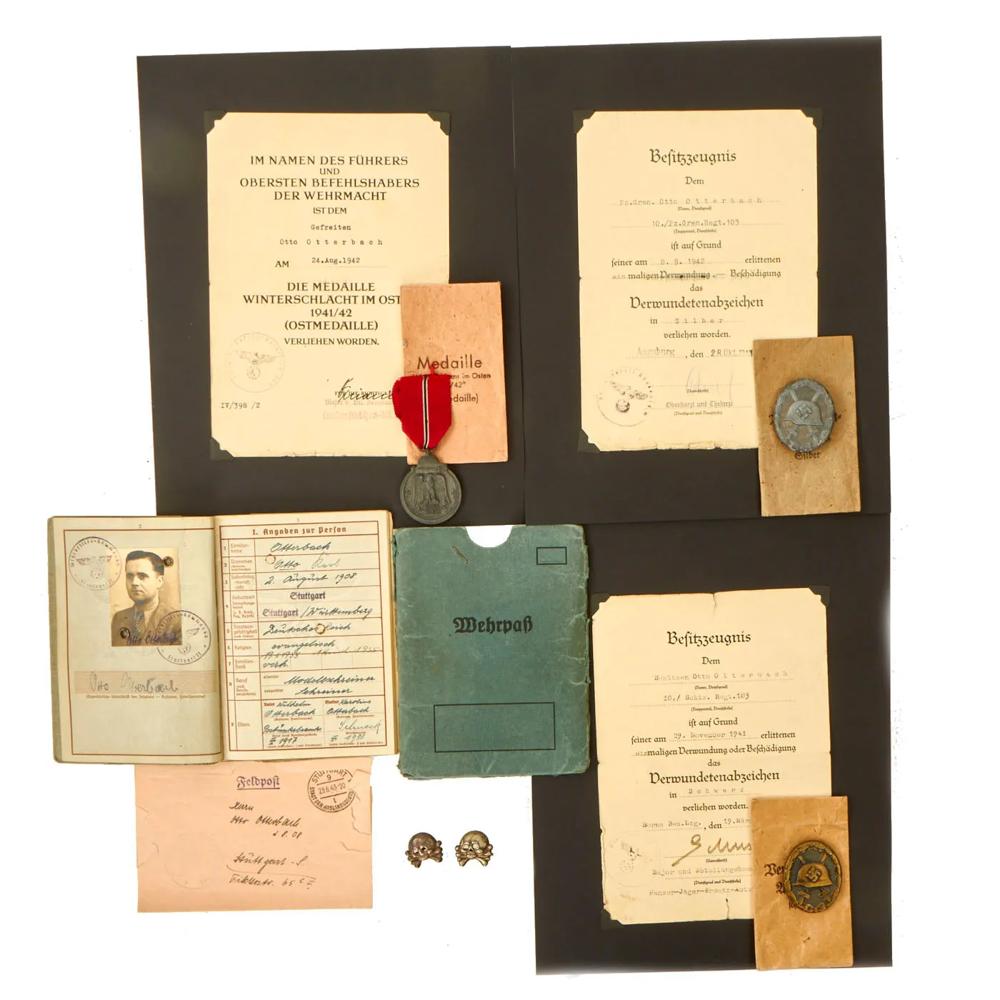 Original German WWII Set of 3 Awards with Documents named to Otto Otterbach of Panzergrenadier Regt. 103