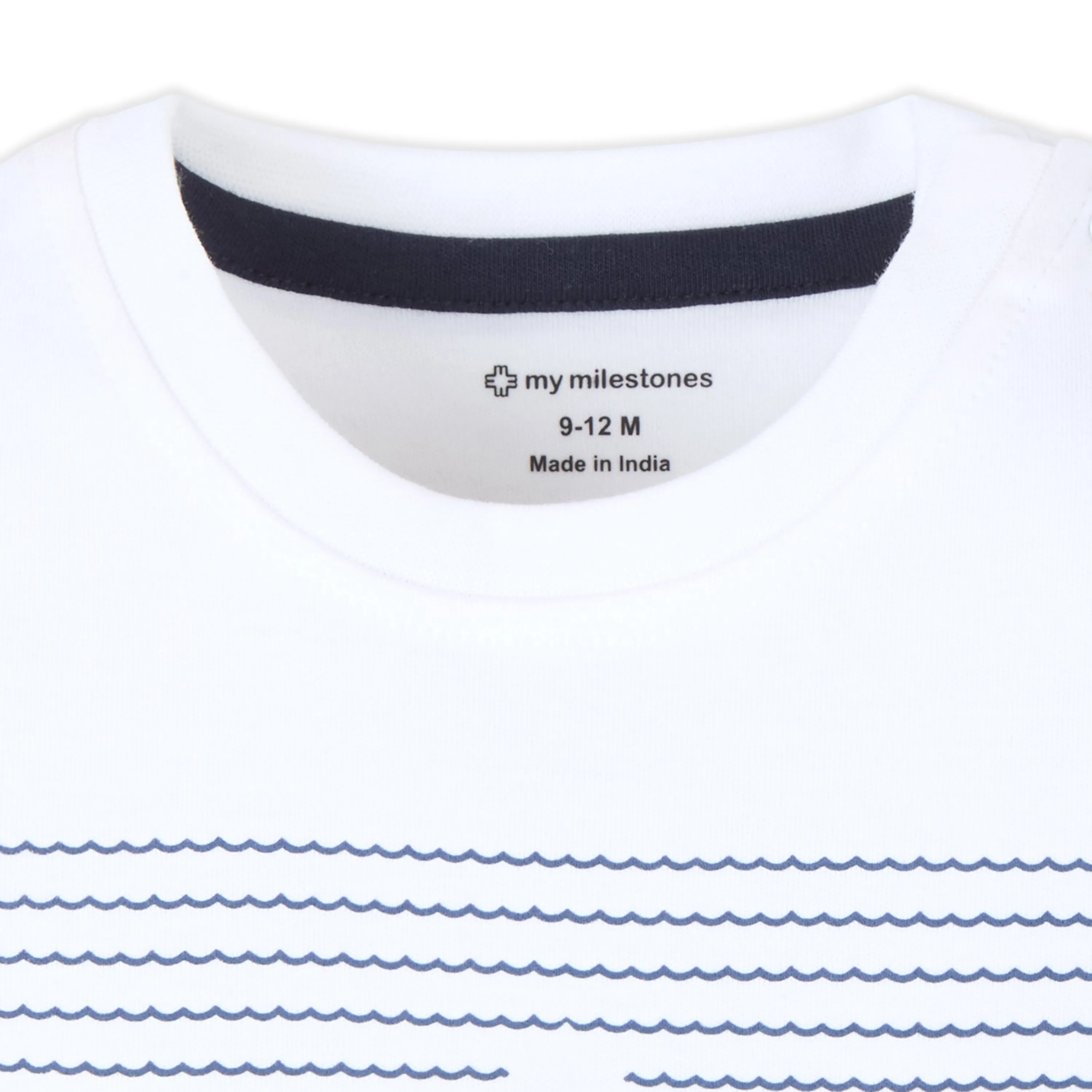 Puff Print Baby Boy Round Neck Tee with Denim Shorts - White & Blue