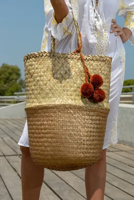 Queencii - Mia Pom Pom Beach Straw Tote Bag Beige Brown