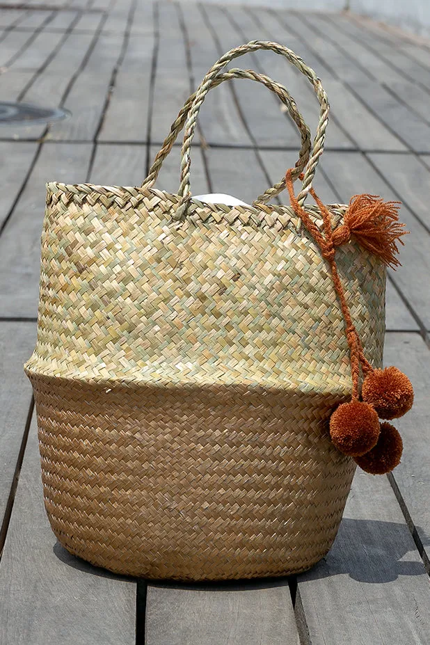 Queencii - Mia Pom Pom Beach Straw Tote Bag Beige Brown